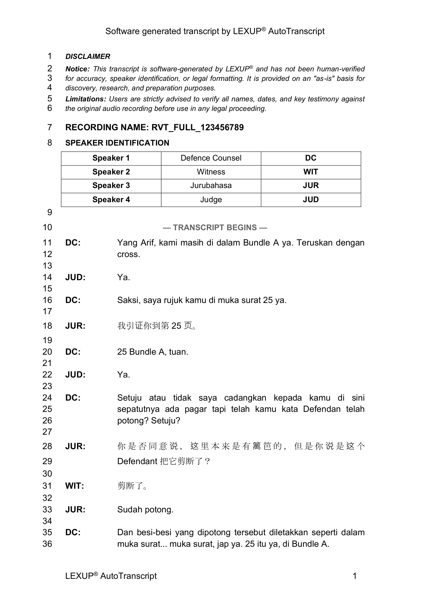 Sample AutoTranscript output showing formatted transcript with speaker identification and line numbering